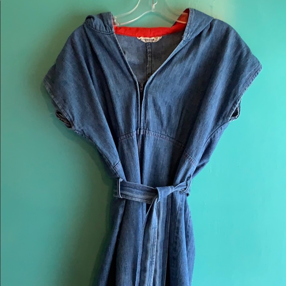 Hooded denim short sleeve pant jumper.